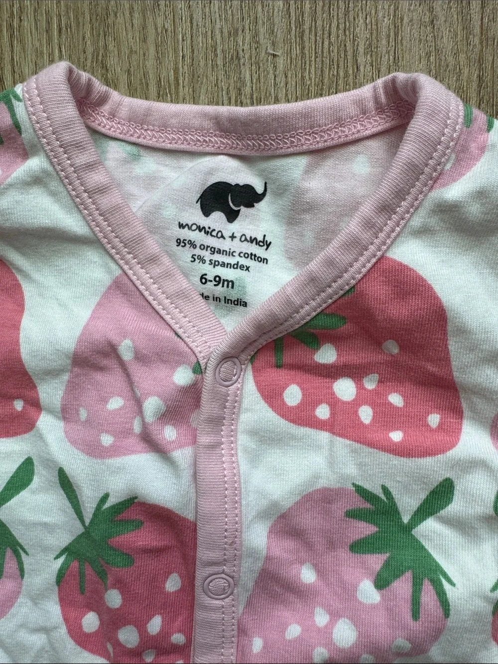 Kids Pink Strawberry Print Footie Romper. 100% organic cotton.